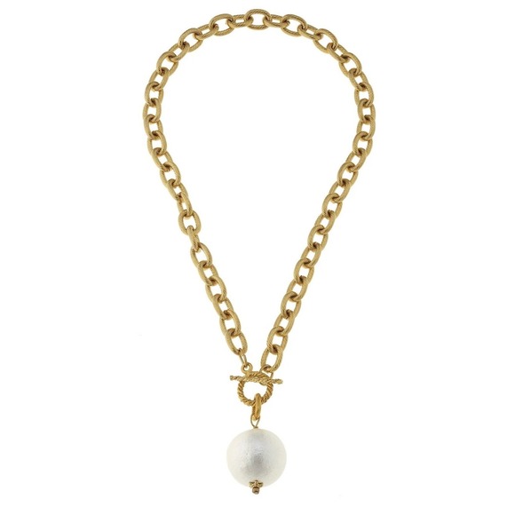 Chunky Gold Tone Chain Necklace with Large White Pearl Pendant Toggle Clasp